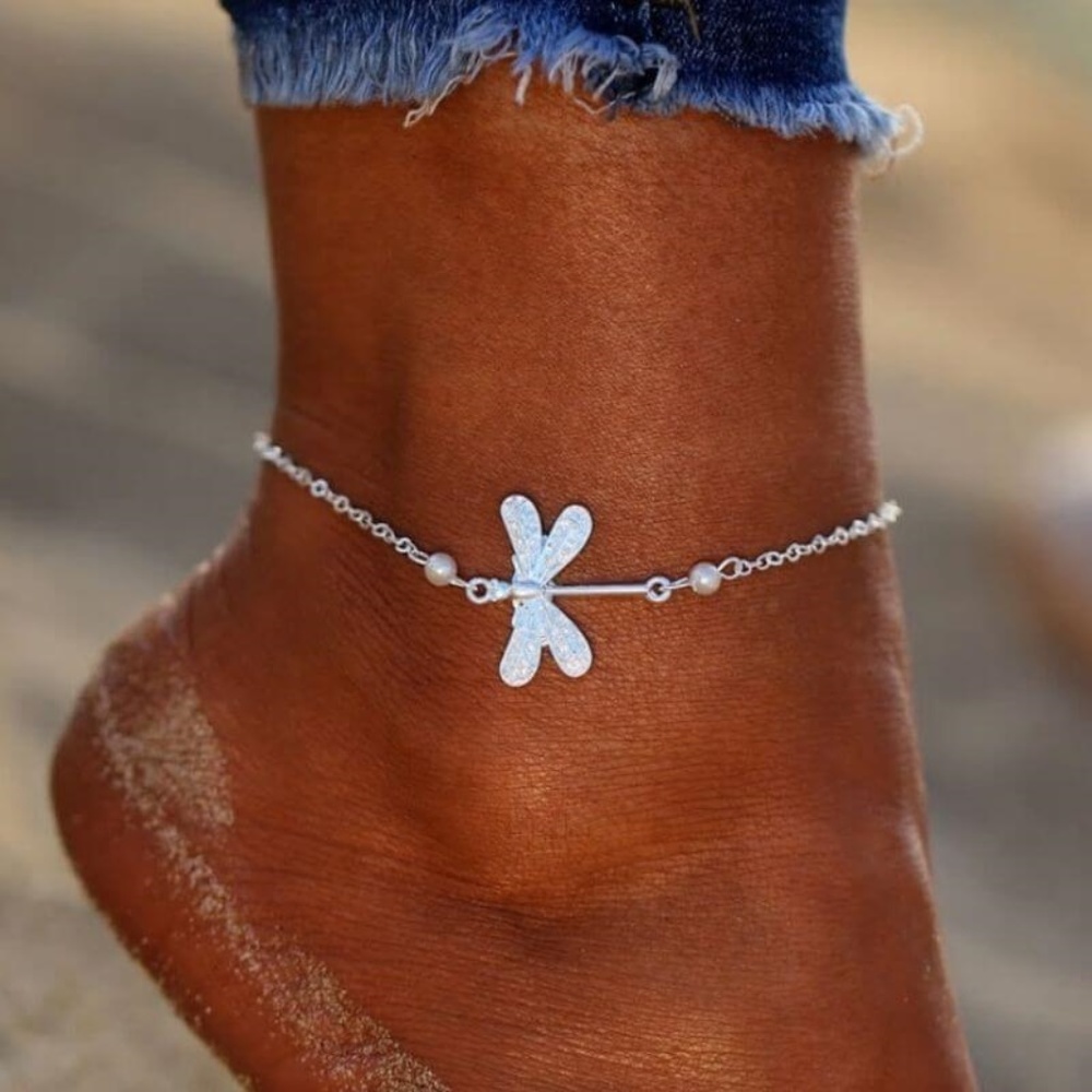 Dragonfly Charm Ankle Bracelet Silver Tone